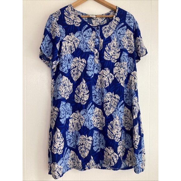 Desert Shores Dress Tropical Floral Shift Blue Monstera Leaf Beach Cover Sz L - Picture 1 of 8